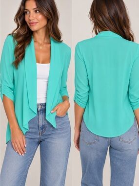 Pearl Aqua Draped Open-Front Blazer